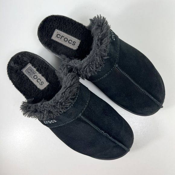 Crocs Cobbler Suede Leather Clogs Slip On Black Faux Fur Lining 11602 Womens 7 - Picture 5 of 8